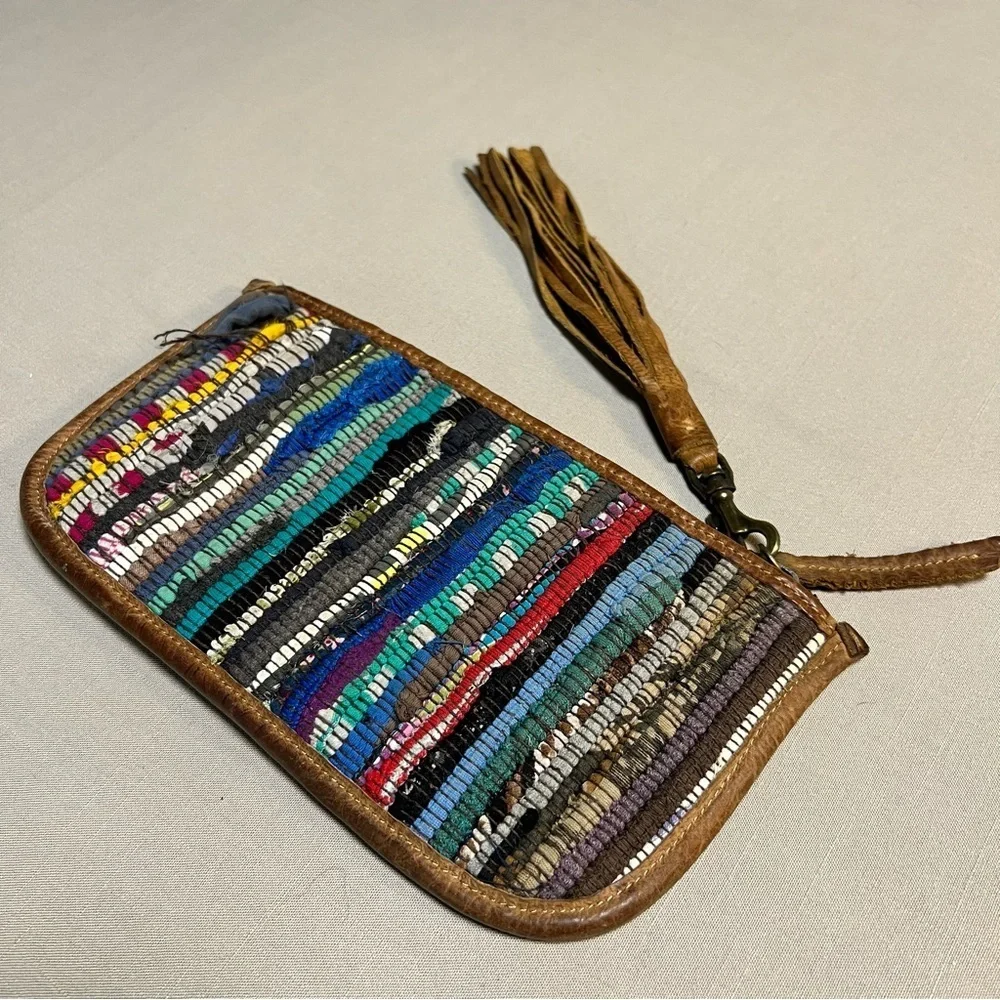 Will Leather Goods Woven Boho Clutch Wristlet • Leather Trim • Multicolor